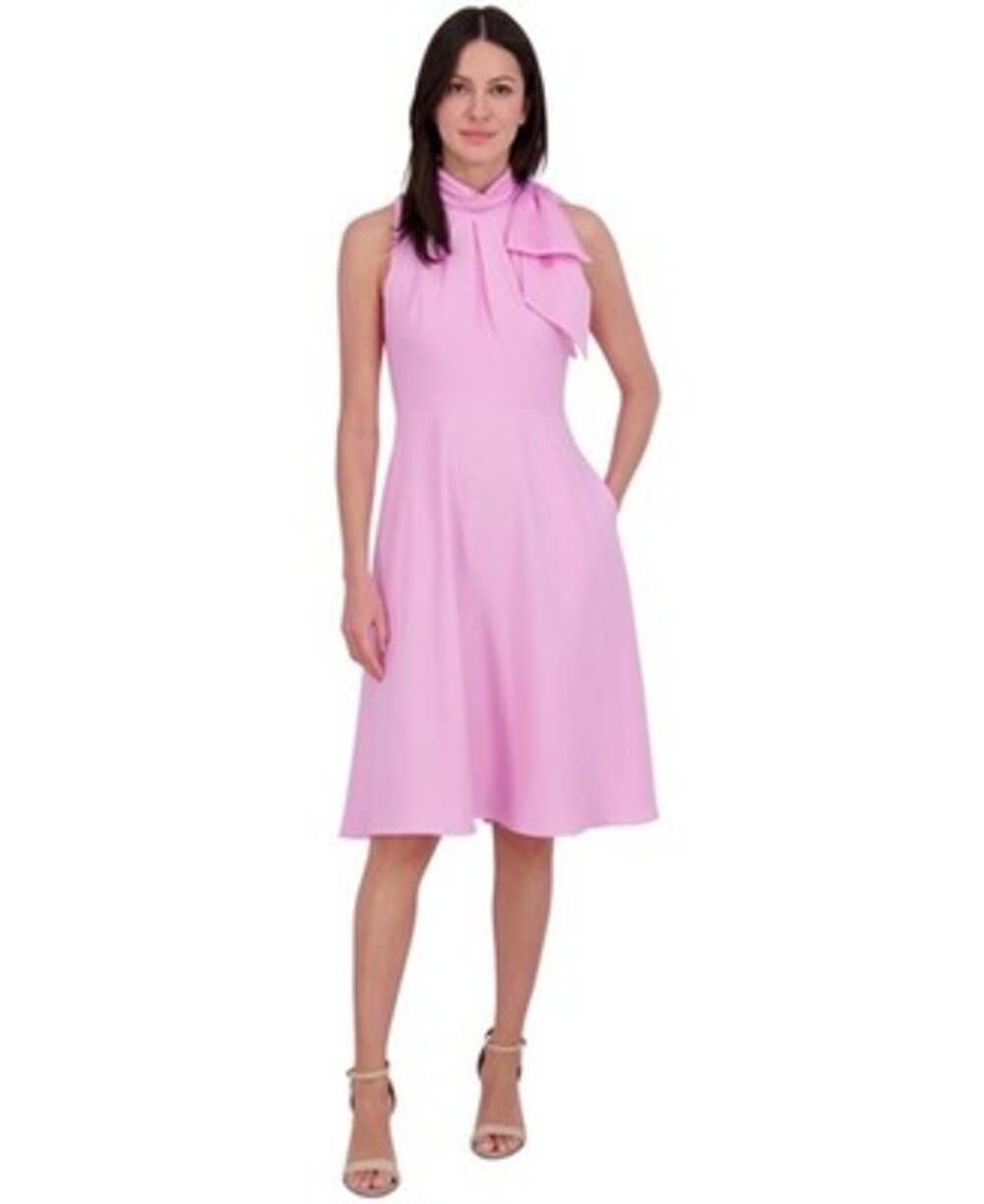 Eliza J Mock-Neck Bow-Trim Sleeveless Fit & Flare Dress Women's 2 Pink